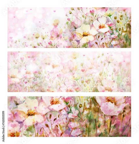 Floral pink banners. Watercolor flowers. Illustrations. © rvika