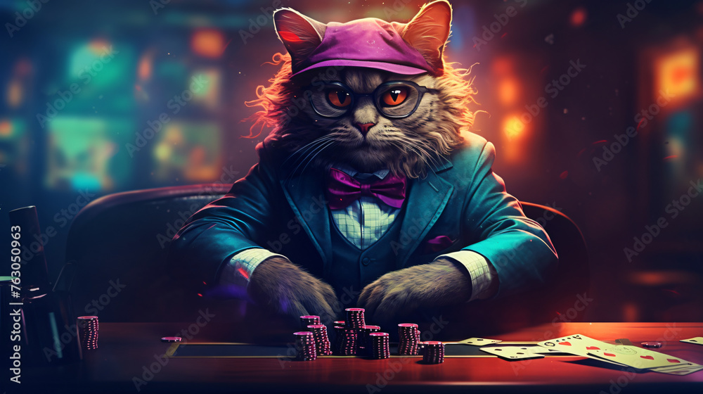 A croupier cat in a suit sits at a playing table