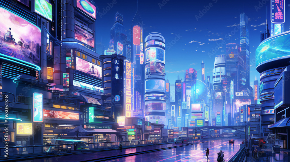 A cybernetic cityscape where holographic advertisement