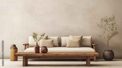 Elegant and modern wooden daybed with comfortable cushions and accompanying vases and greenery in a minimalist setting