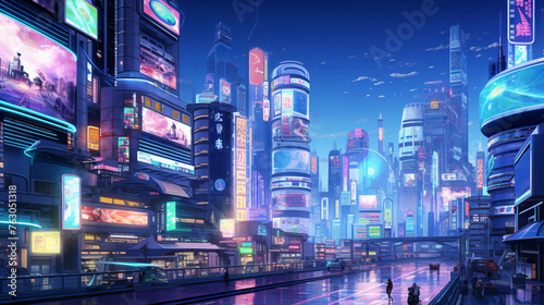 A cybernetic cityscape where holographic advertisement