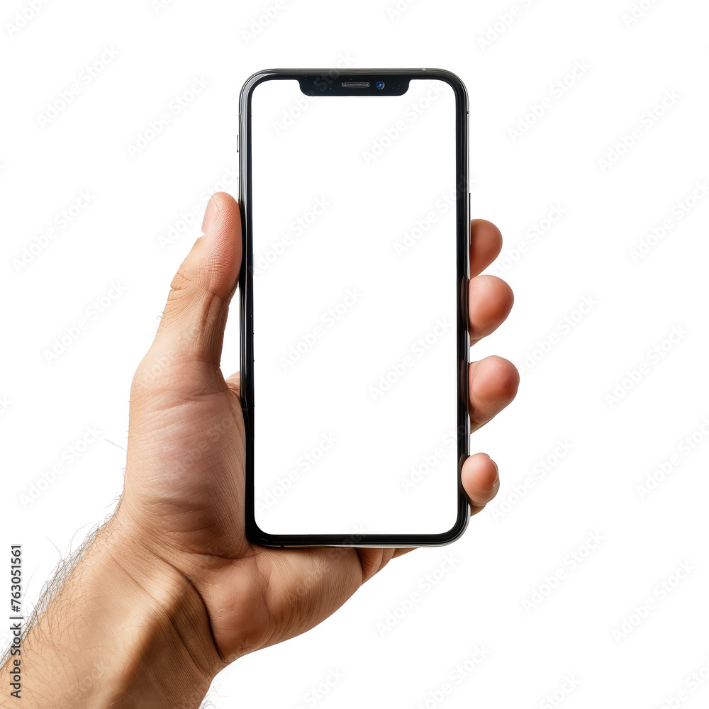 hand holding smartphone blank white screen isolated on white background