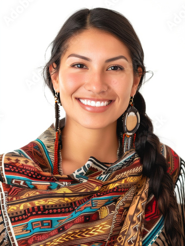 smiling beautiful native america woman , isolaed on white photo