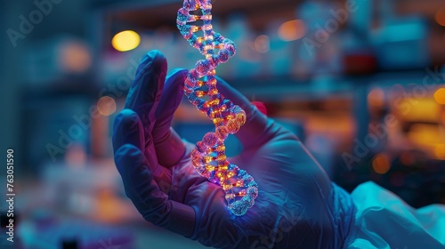A biotechnology concept capture where a scientist's hands carefully examine a bright and colorful DNA helix, representing genetic engineering and research.