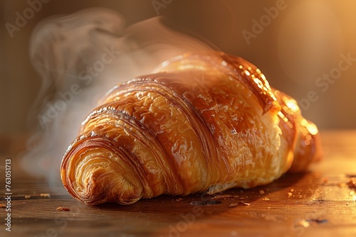 The inviting warmth of a freshly baked croissant is almost tangible as steam rises from its flaky golden crust on a rustic wooden backdrop.