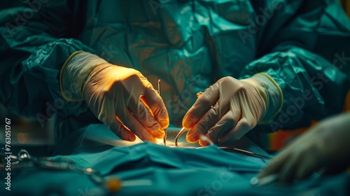 In the tense atmosphere of an operating room, a highly skilled surgeon performs an intricate surgical procedure with state-of-the-art tools under intense light.
