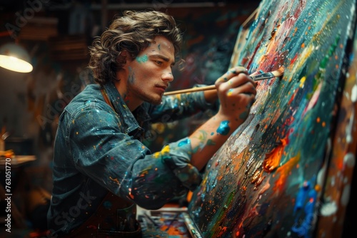 An inspired young artist is captured in a moment of passion, using vibrant colors to bring an abstract vision to life on the canvas in his eclectic studio.