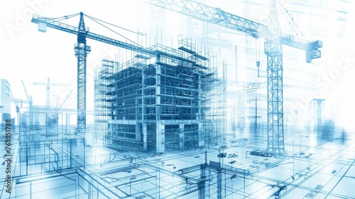 Building under construction on blueprints, architecture and engineering concept illustration