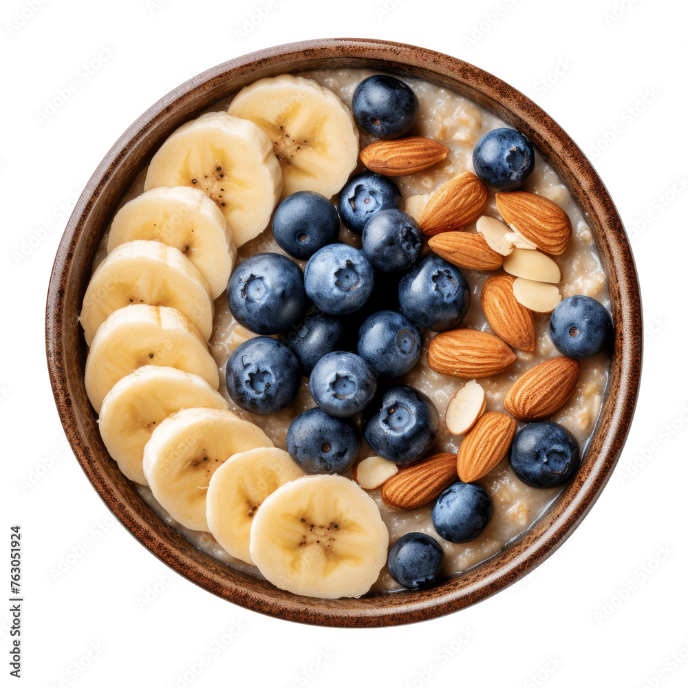 oatmeal with bananas, blueberries and almonds. isolated on transparent background With clipping path. cut out. 3d render