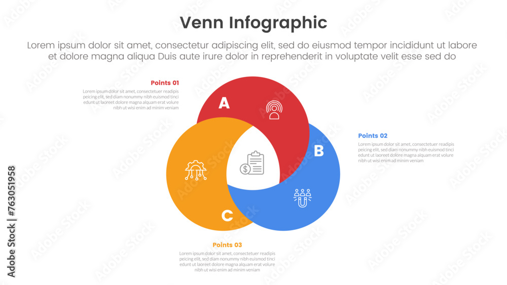venn diagram infographic template banner with creative union circle swirl with 3 point list information for slide presentation
