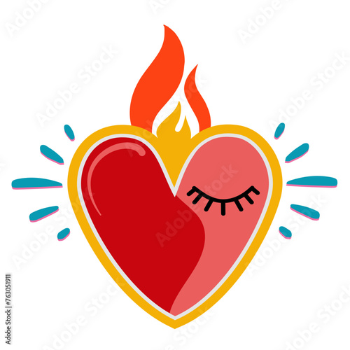 corazón con llama, ojo cerrado, icono, 