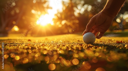 The serene moment of positioning a golf ball on a tee during the golden hour, with the warm sunset lighting up a lush golf course