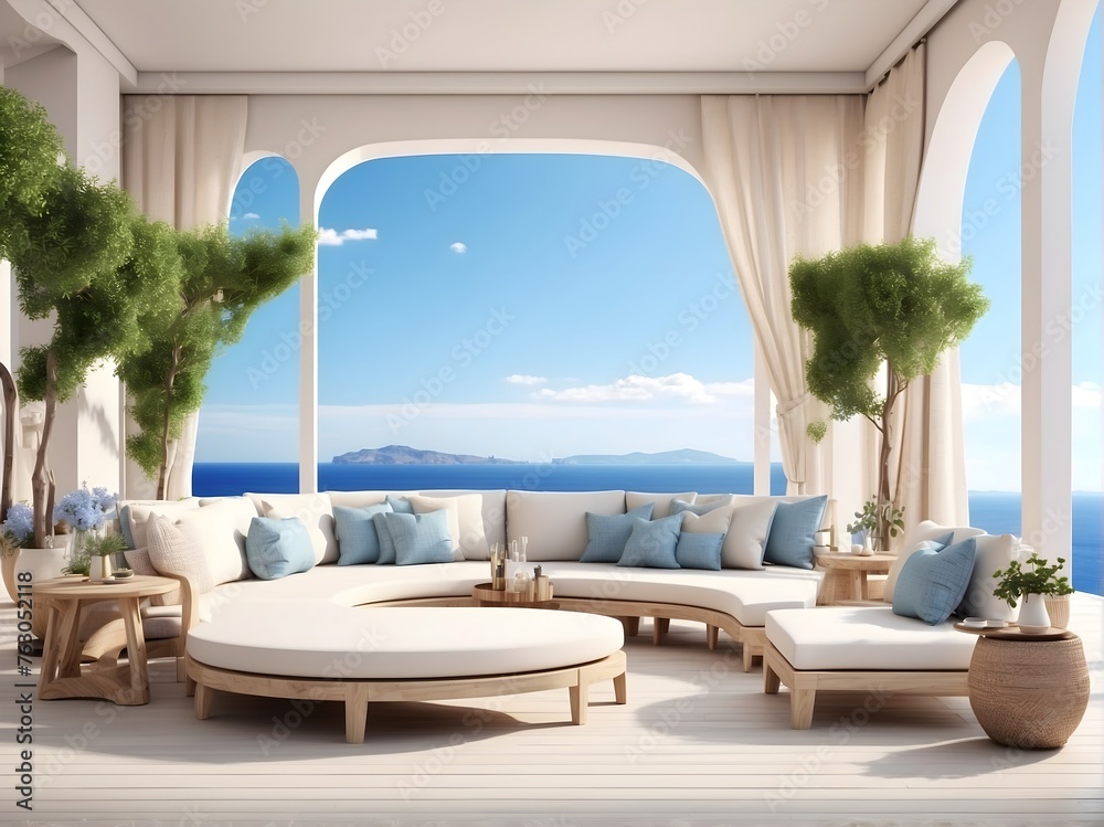 Modern design living room interior photo rendering with large windows and lake view By Alim Graphic