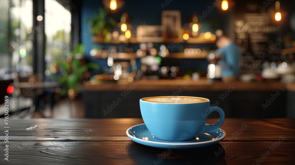 a vibrant cafe counter in the morning rush, with a blue ceramic cup of cappuccino at the forefront on a dark wooden surface.