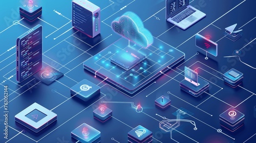 Cloud Technology Computing Concept - Devices Connected to Digital Data Center Storage via Internet IOT Smart Home Communication Illustration