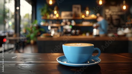 a vibrant cafe counter in the morning rush  with a blue ceramic cup of cappuccino at the forefront on a dark wooden surface.
