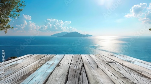 An inviting image capturing a simple  elegant wooden table overlooking a panoramic view of the shimmering sea