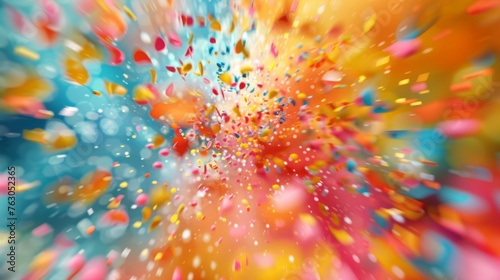 Colorful confetti explosion on blurred background, festive 3d render illustration