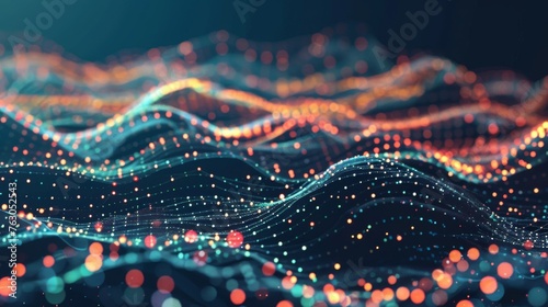 Connected dots on a 3D wave landscape, data science and digital world concept, abstract digital art