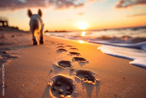 Dog footprints at the sandy beach with sun setting over the horizon. Ai Generative photo