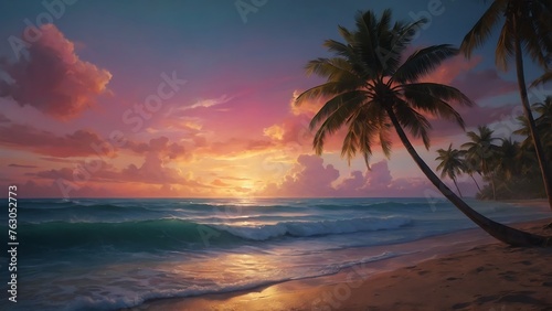 Beautiful view of beach in summers with pink hue sunset ai generative © BillyMakes