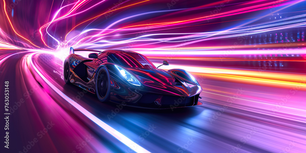 Speeding Sports Car On Neon Highway. Powerful speed