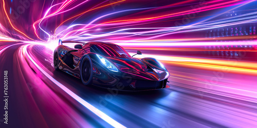 Speeding Sports Car On Neon Highway. Powerful speed © shobakhul