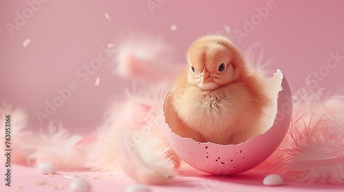 A cute small chick sitting in a cracked eggshell. Soft pink pastel Easter background. feathers fly.