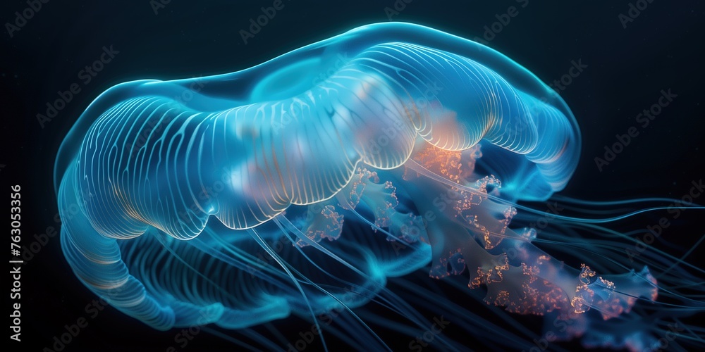 Closeup of Several Beautiful Moon Vibrant Bioluminescent Blue Jellyfish