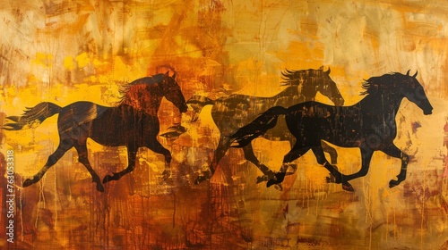 Abstract metal texture painting with horses, modern art illustration