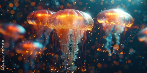 Closeup of Several Beautiful Moon Vibrant Bioluminescent Gold Jellyfish © sergiokat
