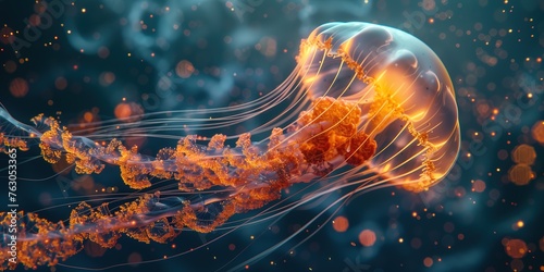 Closeup of Several Beautiful Moon Vibrant Bioluminescent Gold Jellyfish
