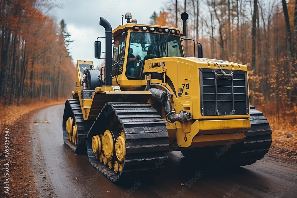 A team of workers operating a bulldozer on a road construction site, using a machine to lay down asphalt.