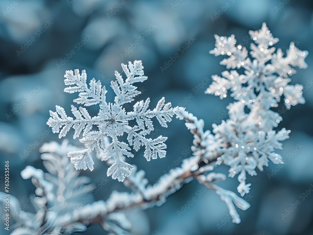 closeup of an intricate snowflake, showcasing the delicate and symmetrical patterns that form each crystal on its surface