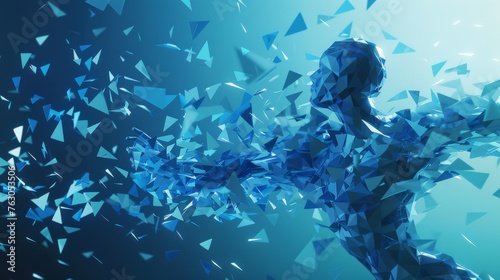 Abstract polygonal blue man in motion, low poly 3D illustration