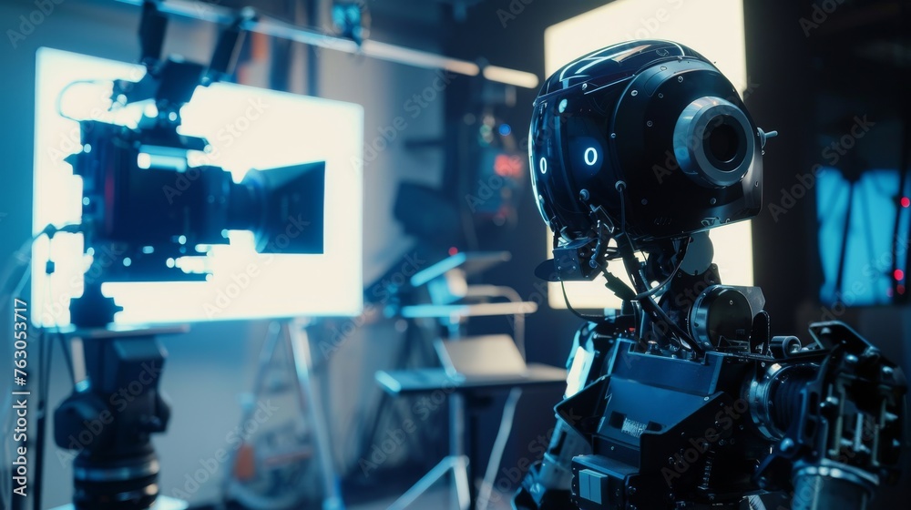 Advanced AI Humanoid Robot Filmmaker Operating High-Tech Video Equipment in Studio