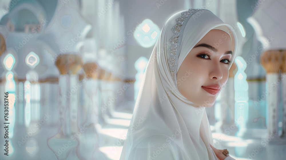 beautiful smiling malaysia woman model wear hijab in white mosque background beautiful smiling malaysia woman model wear hijab in white mosque background
