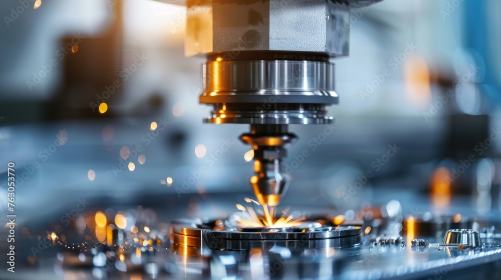 Advanced CNC milling machine processing metal, hi-tech metalworking concept. Close-up photo with shallow depth of field Advanced CNC milling machine processing metal, hi-tech metalworking concept. Close-up photo with shallow depth of field