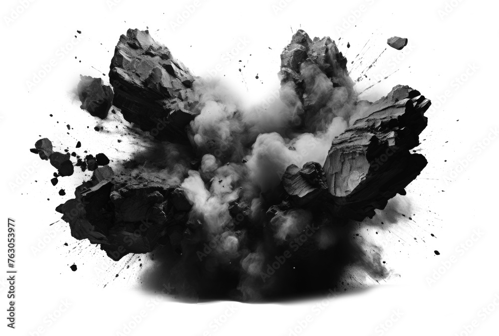 Exploding black rock with smoke and dust on empty transparent background. Isolated brush. Generative ai - obrazy, fototapety, plakaty 
