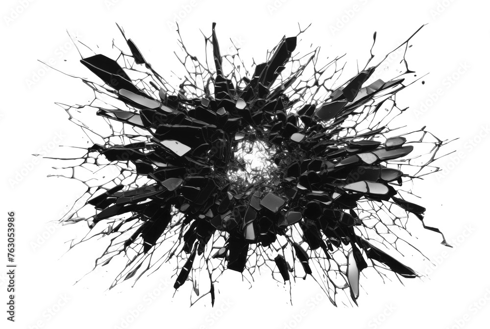 Obraz premium Black shattered glass exploding on empty transparent background. Isolated abstract broken glasses explosion brush. Generative ai