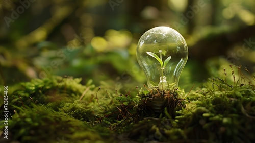 Alternative Energy, in the moss sSmall plant growing inside a lightbulb. Light Bulb with sprout inside. Green energy concept.close up