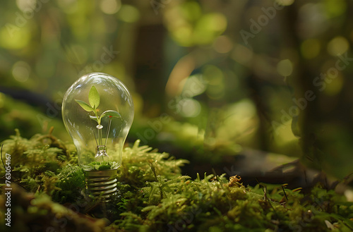 Renewable energy concept, in the moss sSmall plant growing inside a lightbulb. Light Bulb with sprout inside. Green energy concept.close up