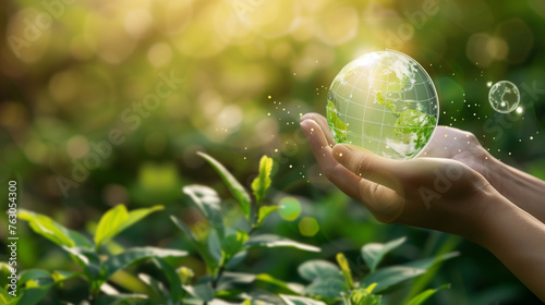 Person holding globe on virtual screen for net zero greenhouse gas emissions target and climate neutral long term strategy  , Generative AI	
