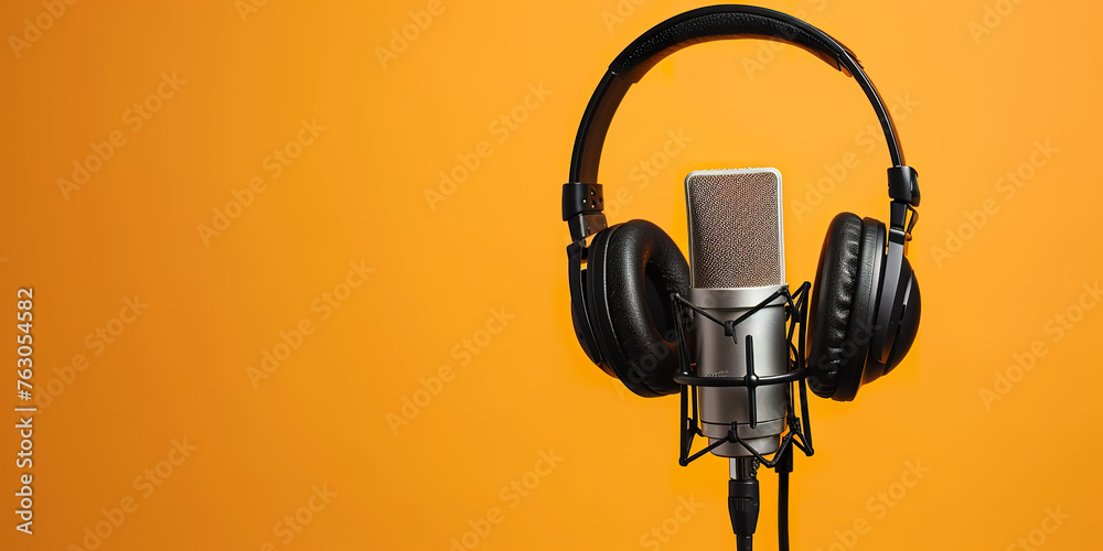Studio microphone with headphones on a orange background Studio microphone with headphones on a orange background