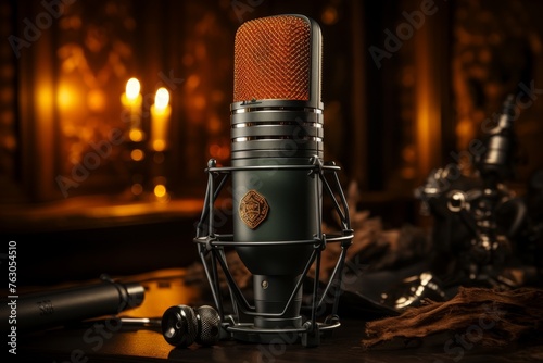 Design a captivating podcast studio scene with a dominant microphone on the desk, accompanied by modern gadgets and a warm, stylish ambiance. photo