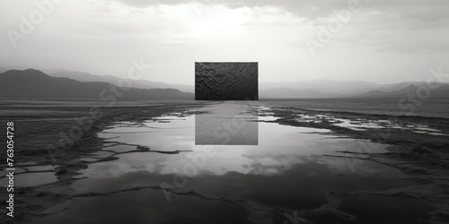 A striking black and white photo of a square in the middle of a desert. Perfect for architectural or minimalistic concepts