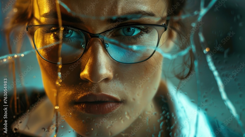 A woman wearing glasses looking through a broken window. Suitable for concepts of curiosity, surveillance, or security A woman wearing glasses looking through a broken window. Suitable for concepts of curiosity, surveillance, or security