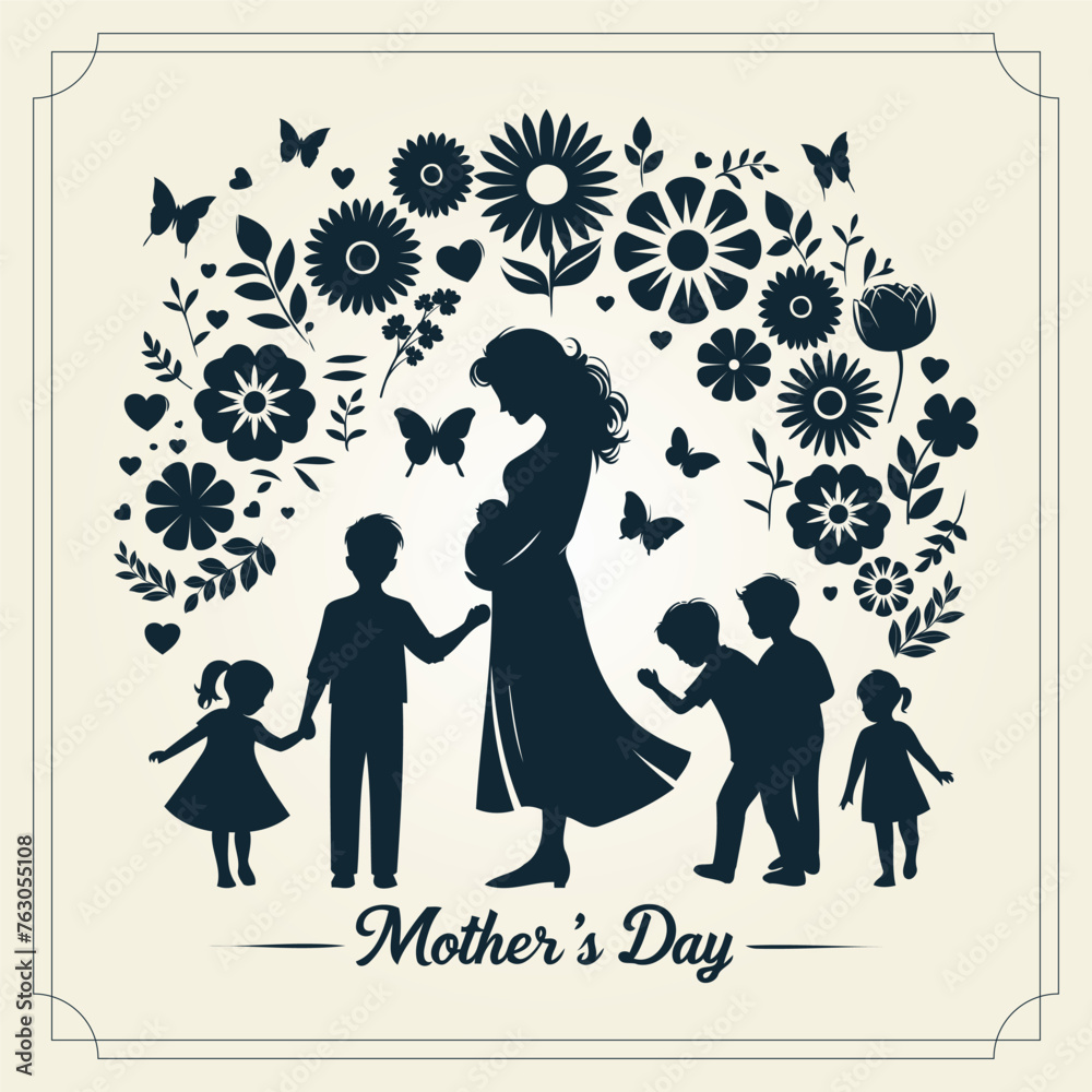 Mother silhouette with her baby. Card of Happy Mothers Day. Vector illustration with beautiful woman and child. Mother silhouette with her baby. Card of Happy Mothers Day. Vector illustration with beautiful woman and child.