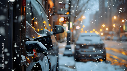 Winter, evening, a bustling urban parking lot equipped with sleek charging stations, surrounded by modern buildings 