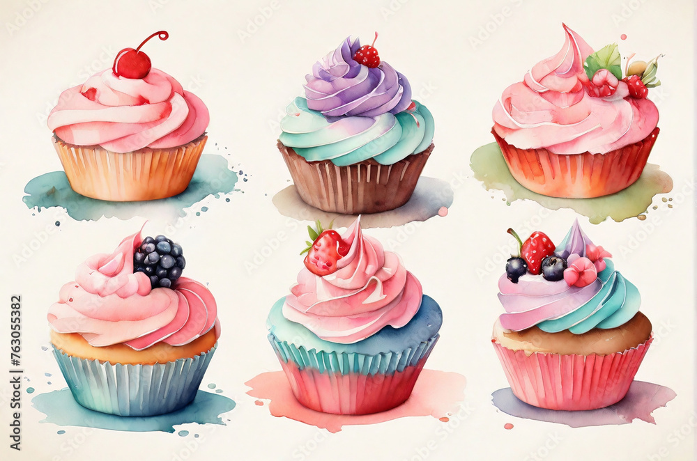 custom made wallpaper toronto digitalSet of watercolor cupcakes isolated on white background. Hand drawn watercolor illustration. AI generated